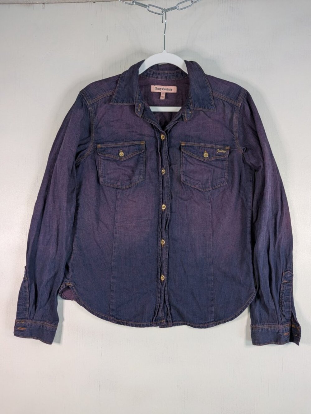 Juicy Couture Western Denim Shirt Womens Small Purple Overdyed Gold Button